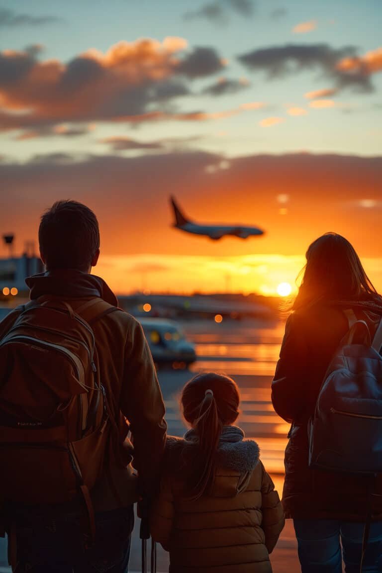 Famille de quatre personnes sur le tarmac d’un aéroport